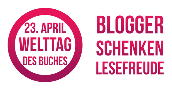 Ein rosa-weißes Buchverlosung-Logo mit den Worten Blogger Welttag Schecken des Buches.