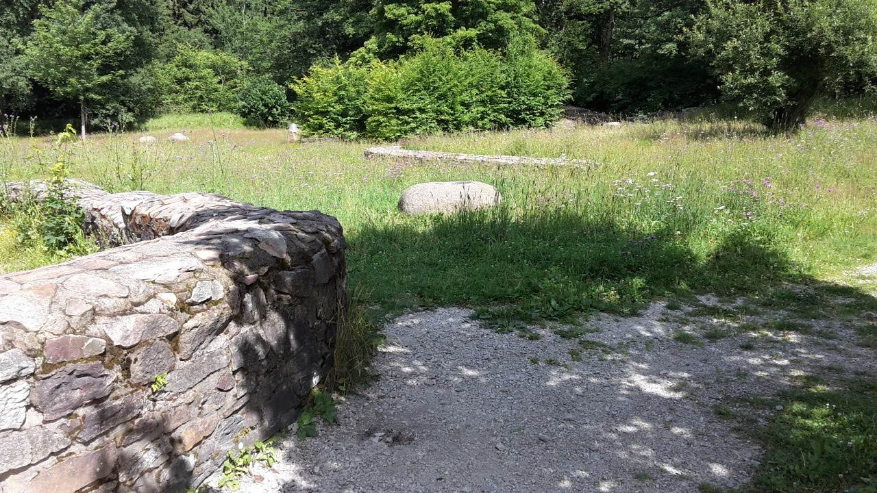 Eine Steinmauer mitten auf einer Wiese.