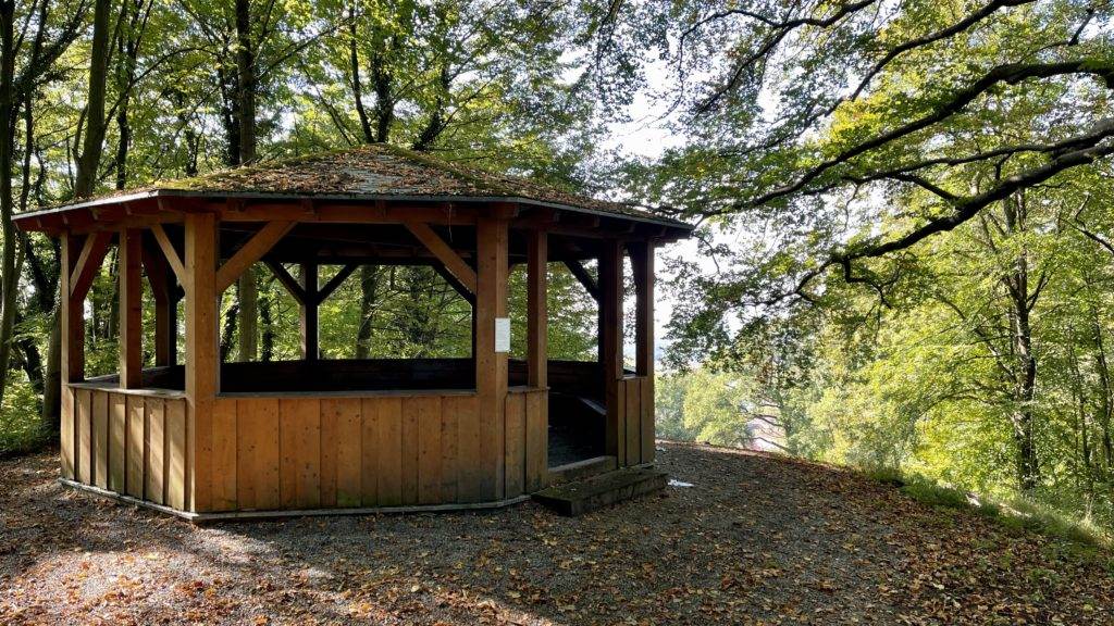Ein hölzerner Pavillon steht mitten in einem Waldgebiet.
