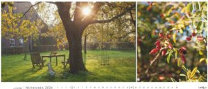Ein Kalender mit Bildern eines Gartens und eines Baumes.