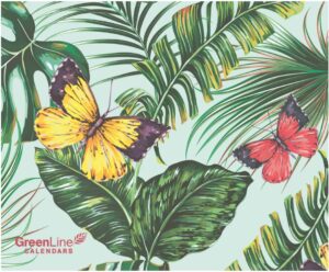 Eine tropische Tapete mit Schmetterlingen und Palmblättern.