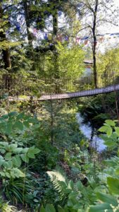 Eine Fußgängerbrücke überspannt einen schmalen Bach in einem Waldgebiet mit üppigem Grün und Bäumen. Über der Brücke sind bunte Gebetsfahnen aufgehängt.