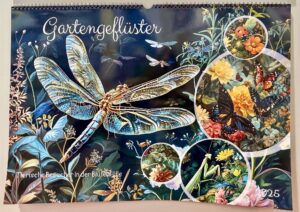 Naturkalender 2025, Farbenfrohe Illustration einer Libelle, Schmetterlinge und Blumen auf einem Kalendercover für 2024 mit dem Titel „Gartengeflüster“ mit in Kreisen hervorgehobenen Blumen- und Insektendetails.