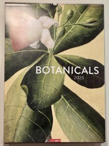 Naturkalender 2025 mit dem Titel „Botanicals“ mit einer Nahaufnahme von grünen Blättern und einer weiß-rosa Blüte.