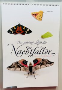 Das Titelbild des Kalenders mit dem Titel "Das geheime Leben der Nachtfalter" zeigt drei verschiedene Nachtfalter und ein grünes Blatt auf weißem Hintergrund.